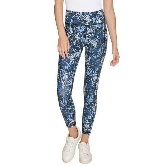 NWT DKNY Ladies' Sport Legging BLUE DIZZY TROPICS Size Medium - Picture 1 of 3